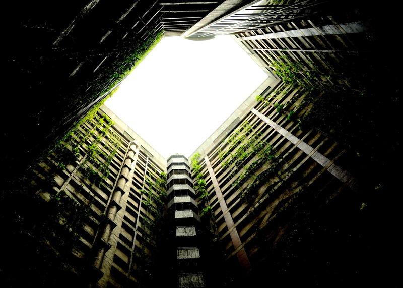 modern, urban Scene, no people, window, buildings, 1080P, outdoors, overgrown, clear sky, building, low angle view, office building exterior, tower, skyscraper