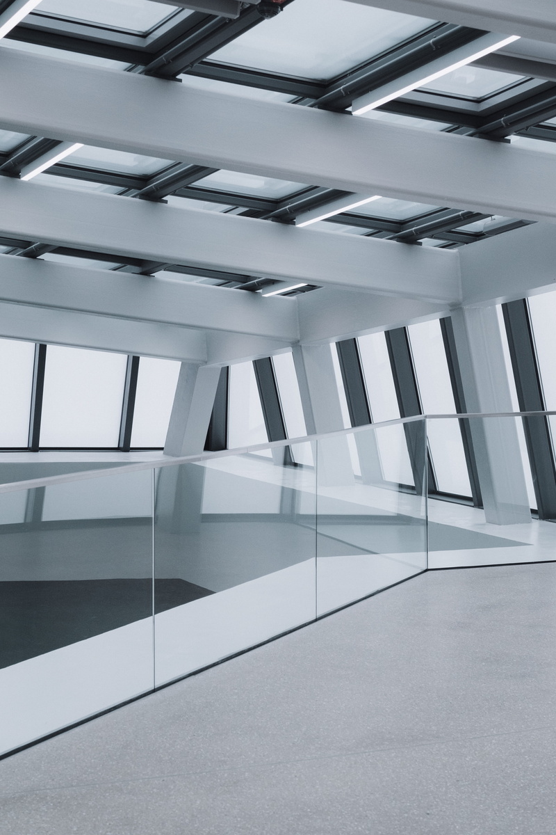 structure, design, glass - material, glass, grey, fence, ceiling, empty, modern, panels, staircase, black and white, steps and staircases, interior, geometrical