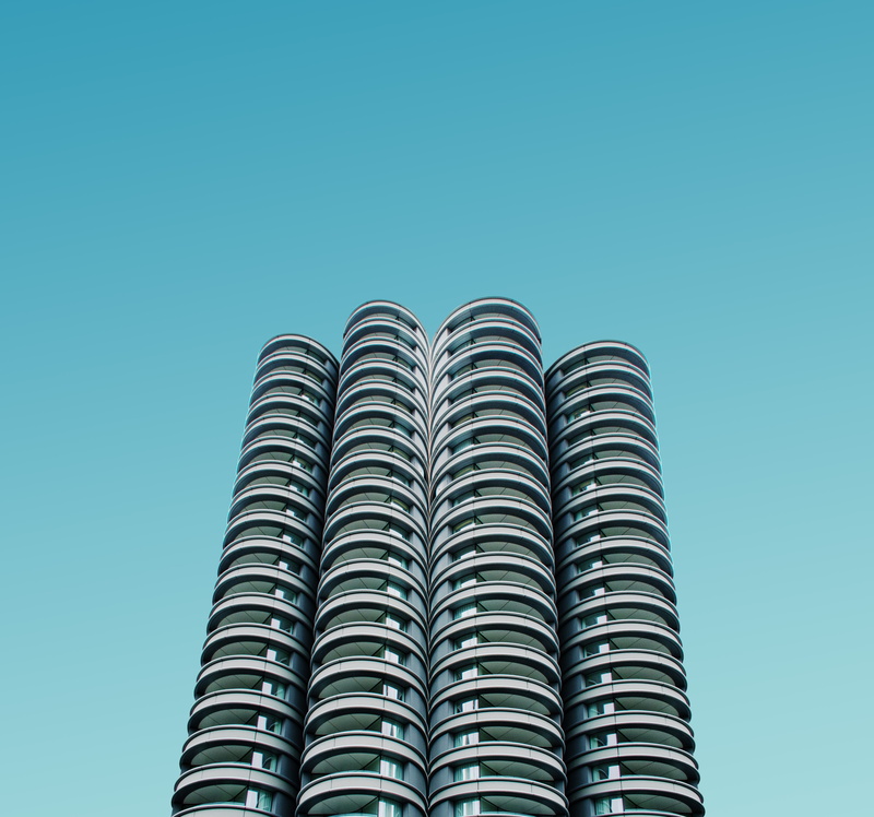 4K, angle, day, facade, building exterior, grey, rise, geometric, pattern, skyscraper, outdoors, minimal, no people, nature, blue background, built structure
