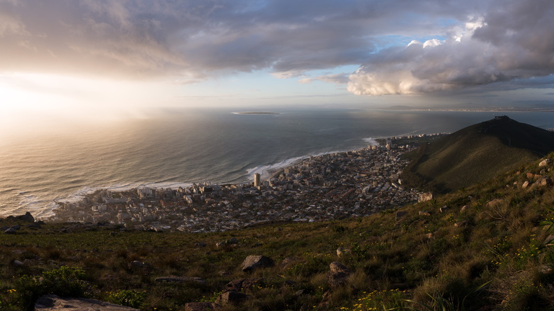 ocean, environment, hills, scenics - nature, building exterior, landscape, no people, africa, city, hill, clouds, water, lions head, cityscape, sunset
