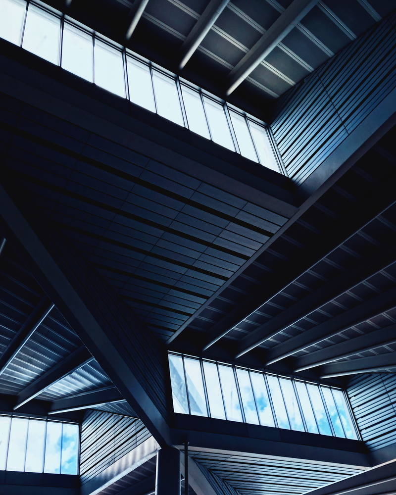 glass, gray, skylight, train station, nature, architecture, indoors, sky, roof, ceiling, windows, low angle view, black, window, building, day, sunlight