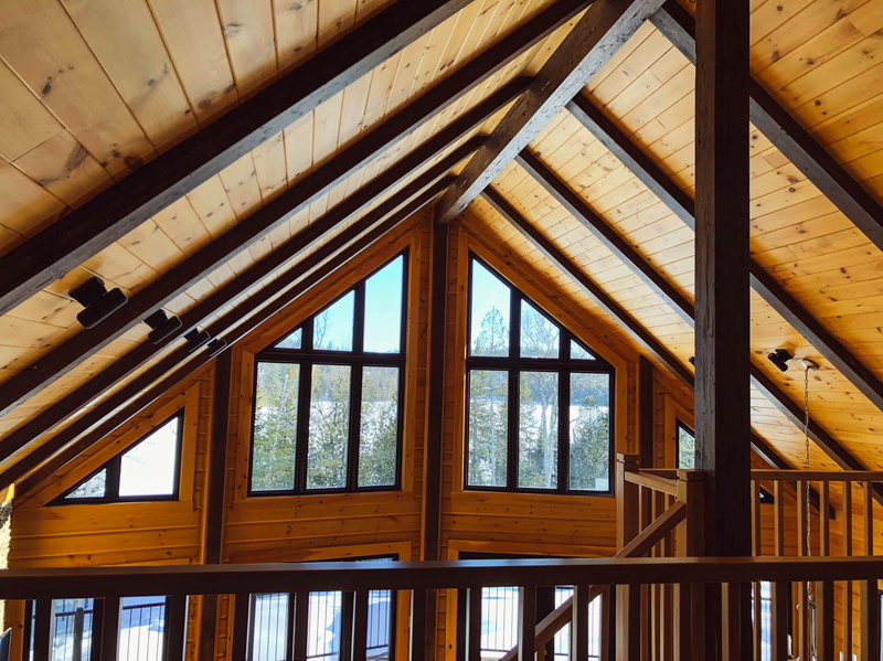 glass - material, low angle view, pattern, indoors, wood - material, structure, window, cabin, ceiling, house, architecture, roof, day, 4K, no people