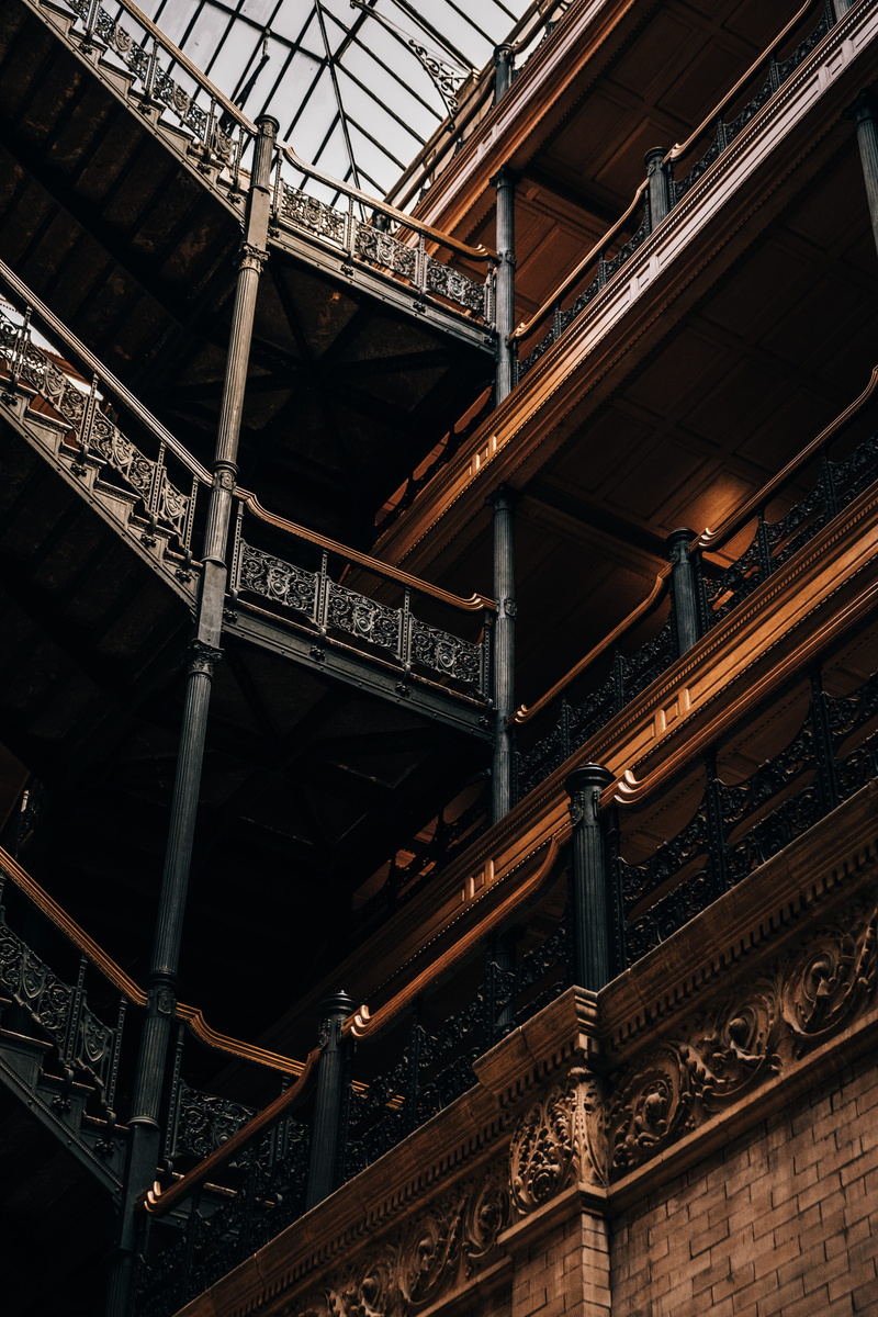 stairway, pattern, line, brown, losangele, wood - material, low angle view, stair, 5K, roof, floors, los angeles, the past, staircase, history, craft