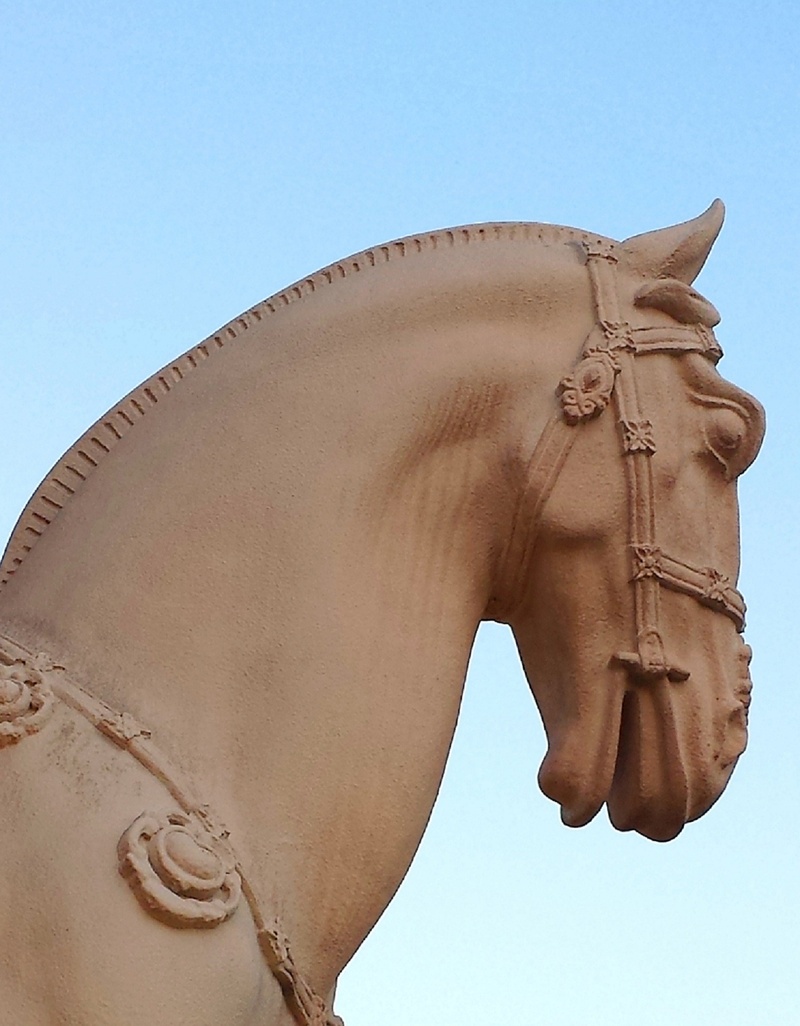 statue, craft, mammal, day, design, head, outdoors, sky, no people, pasture, livestock, nature, elegance, countryside, architecture, clear sky, low angle view