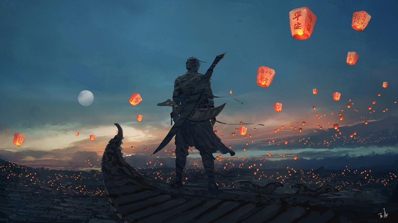 sunset, water, lanterns, architecture, representation, lighting equipment, outdoors, lantern, sky, dusk, built structure, nature, mid-air, 1080P, building