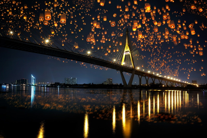 night, bridge, 1080P, landscape, reflection, sky lanterns