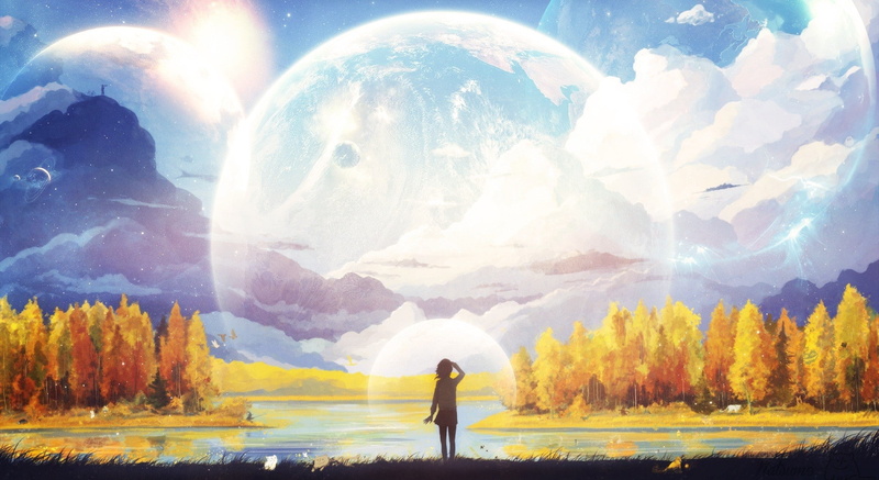 sky lanterns, water, landscape, 1080P, forest
