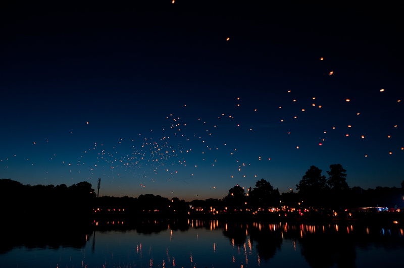 tree, outdoors, tranquil Scene, star - Space, no people, backgrounds, dark, tranquility, chinese lanterns, nature, summer, blue, landscape, river, travel