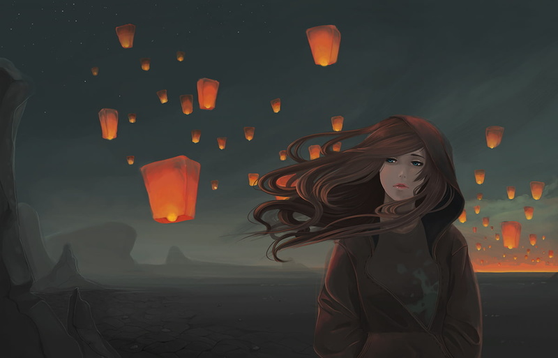 blue eyes, sky lanterns, artwork, desert, 480P, windy