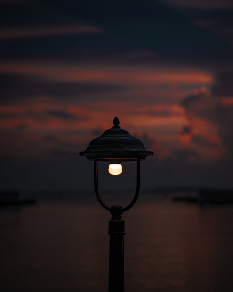 illuminated, silhouette, fir, water, red sky, electricity, cloud - sky, electric light, scenics - nature, lighting, lamp, sunlight, horizon over water