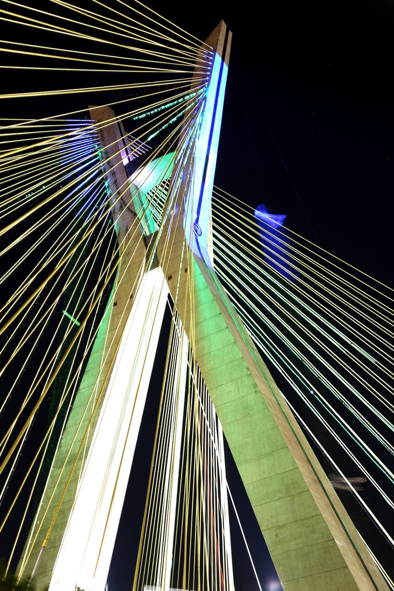 indoors, transportation, brazil, pattern, suspended on cables, modern, city, led lights, built structure, highway, motion, bridge, low angle view, night