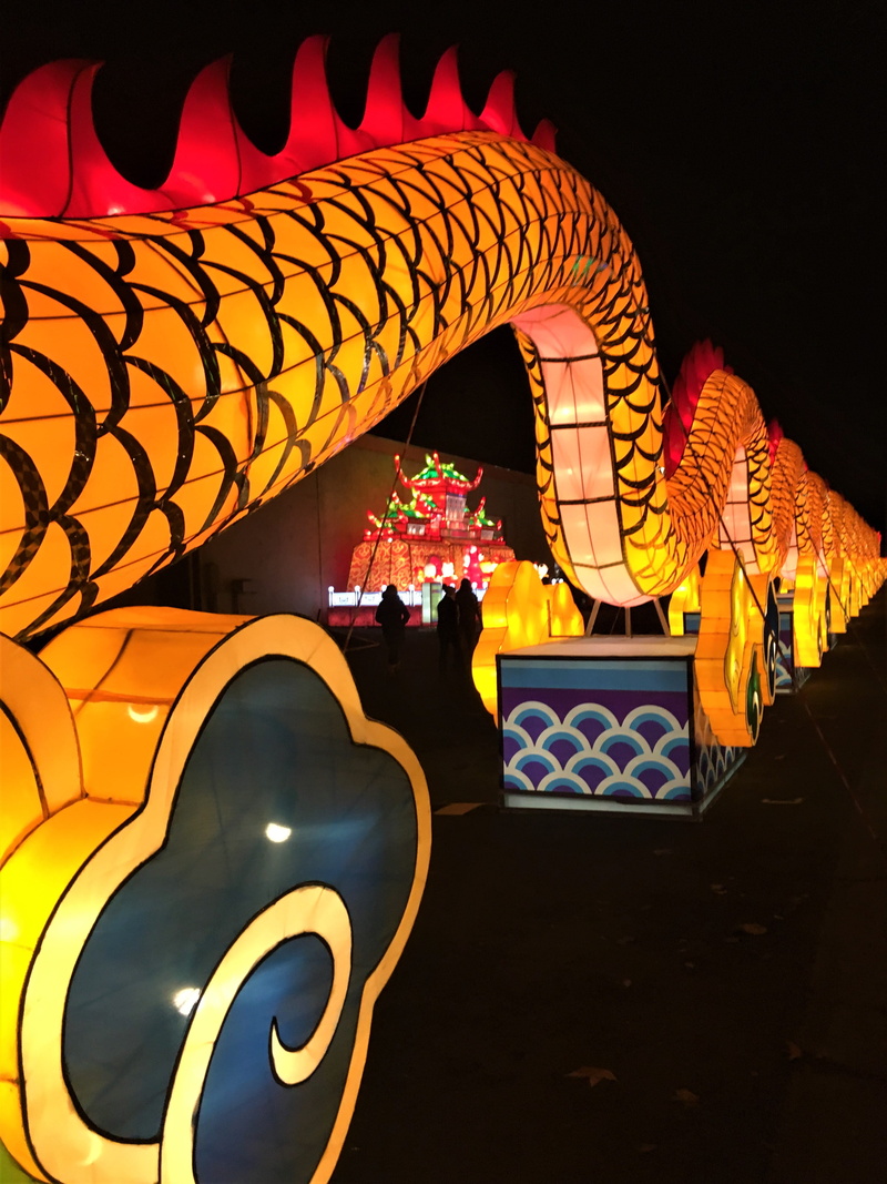 person, creativity, modern art, sky, dragon, built structure, night life, multi colored, art and craft, inflatable, crowd, arts culture and entertainment