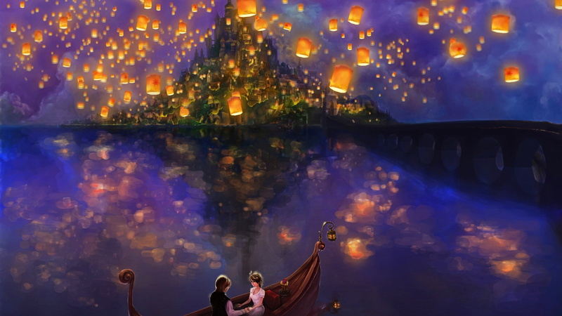 Lovers, Beautiful, 1080P, Boat, Lampion, Sky, Painting