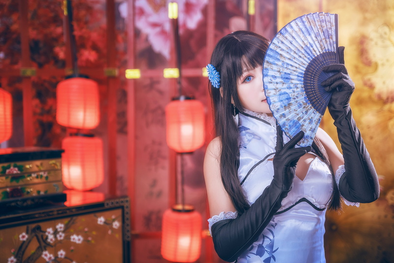 brunette, lampions, model, women, long hair, satin gloves, hair ornament, traditional clothing, 5K, Asian