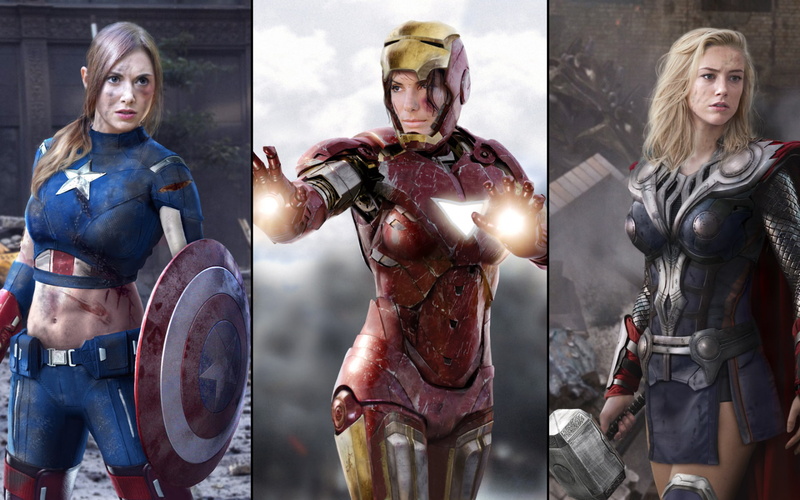 Iron Man, Amber Heard, 1080P, Photoshop, photo manipulation, Captain America, collage, Thor, Marvel Comics, Alison Brie, Sandra Bullock, superheroines