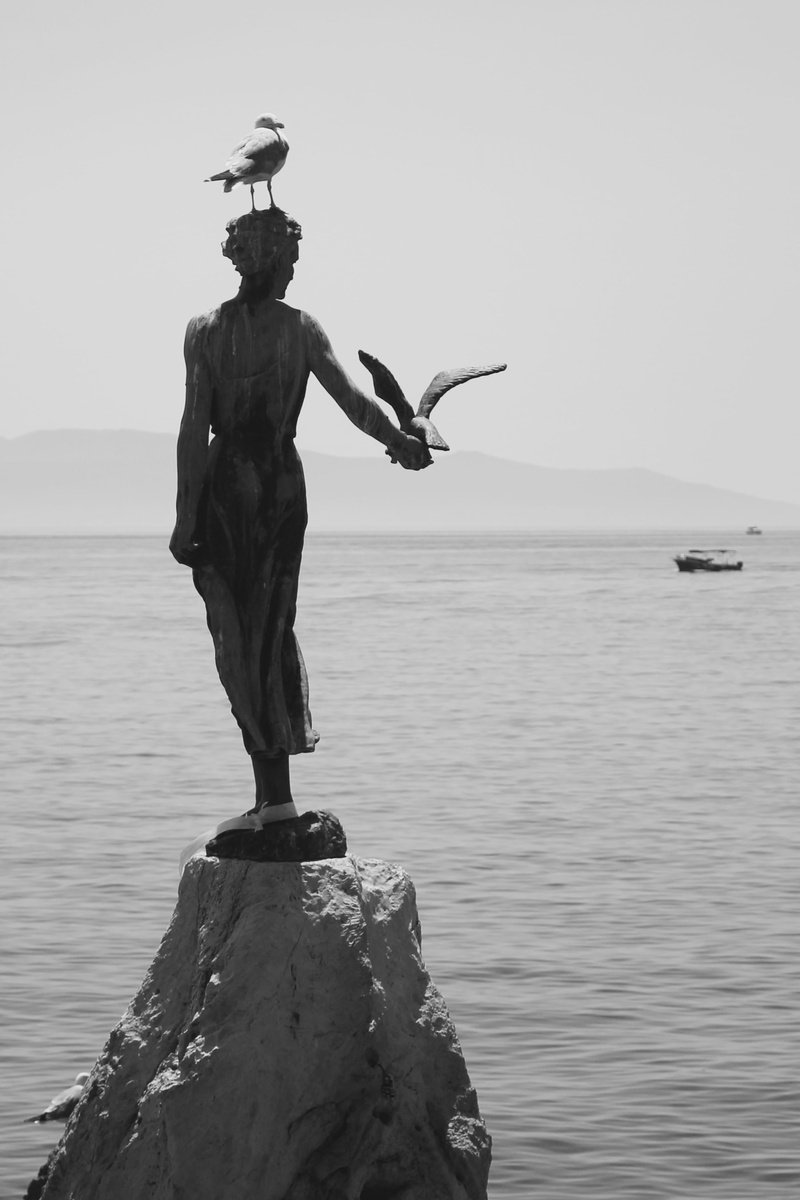 outdoors, rock - object, water, rock, human representation, art and craft, day, standing, male likeness, black and white, croatia, tranquility, nature