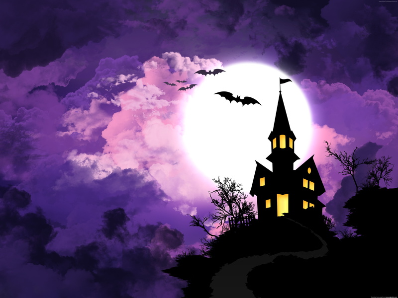 full moon, All Hallows Eve, hill, night, All Saints Eve, Halloween, 4K, bats