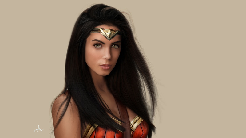 artwork, cosplay, Marlen Valderrama Alvaréz, brunette, painting, model, green eyes, Julio Cesar, face, fan art, comics, Wonder Woman, superhero, DC Comics