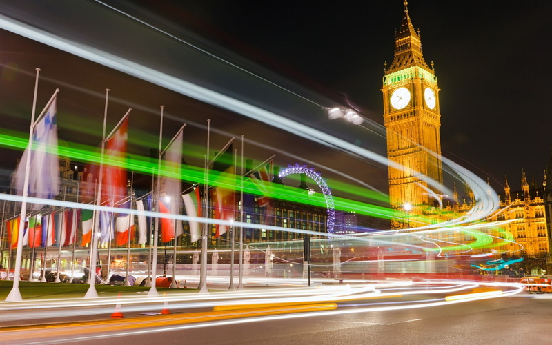 flag, London, clocktowers, light trails, 1080P, Big Ben, long exposure