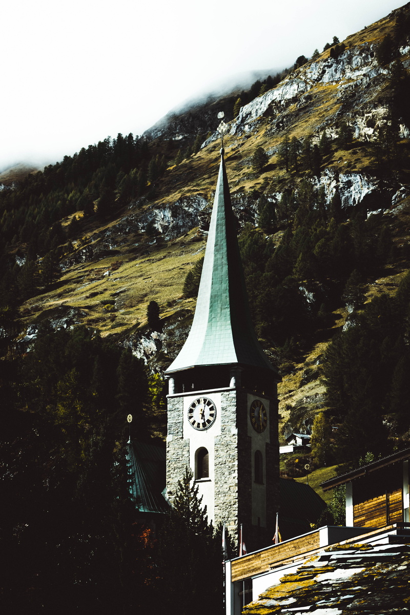 built structure, cathedral, tree, outdoors, mountain, clock, place of worship, sky, plant, architecture, 5K, no people, building exterior, church, slope