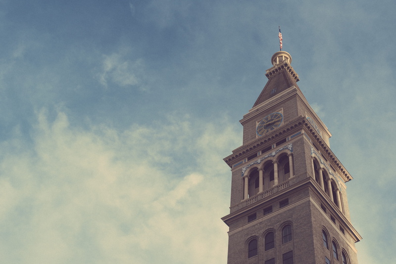 built structure, travel destinations, united states, spirituality, clock, cloud - sky, history, the past, religion, downtown denver, outdoors, american flag