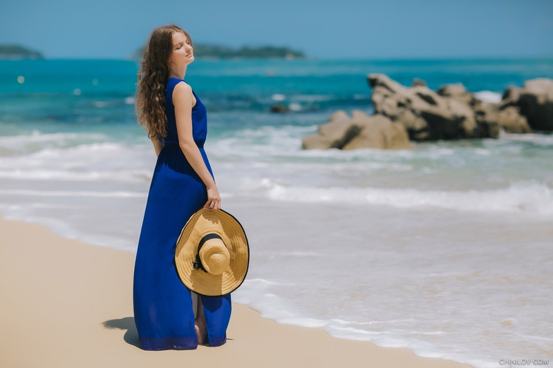 women outdoors, 2K, blue, women, beauty, land, closed eyes, full length, one person, young adult, sea, young women, water, hat, Ivan Chinilov, real people