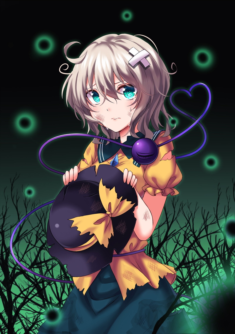 Touhou, short hair, Komeiji Koishi, hat, anime, 1080P, gray hair, aqua eyes, trees, anime girls