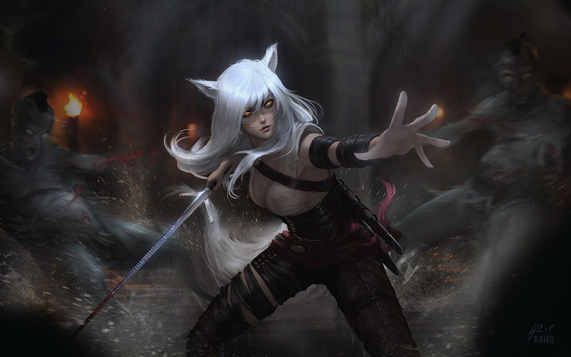 white hair, cleavage, weapon, sword, corset, animal ears, cosplay, foxgirl, crossover, yellow eyes, watermarked, 720P, tail