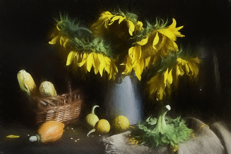 5K, flower, Photo, citrus fruit, sunflower, underwater, digital painting, Oil, yellow, Painting, painting, no people, healthy eating, artwork, corn on the cob