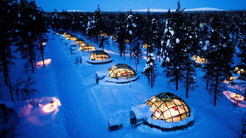 snow, illuminated, plant, mode of transportation, dusk, 720P, water, sport, nature, winter, architecture, cold temperature, nature landscape trees forest winter snow evening lights igloo hotel modern pine trees glass bed lapland finland romantic