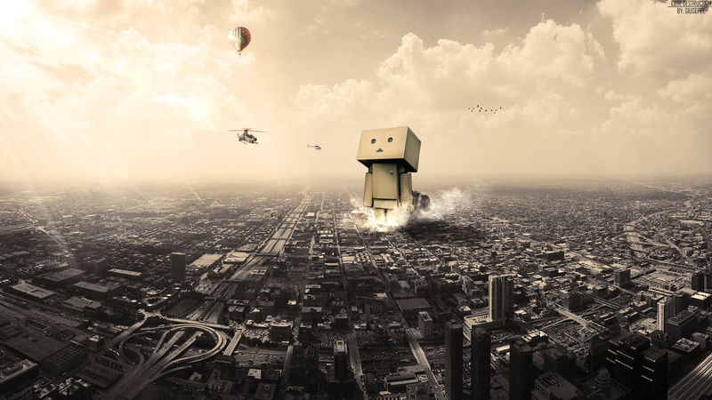 sepia, digital, architecture, no people, financial district, destruction, day, tower, horizon, character, building exterior, Danbo, flying, 1080P