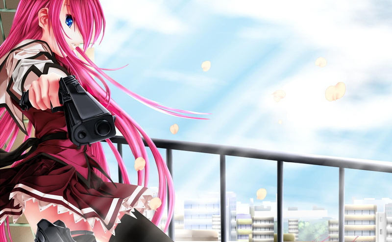 sweetmpretty, pink, girl, rude, lovely, beauty, long-hair, clouds, anime, shooting, 1080P, beautiful, school, uniform, light