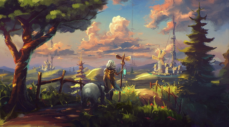 Cloud, mammal, plant, growth, Boy, Landscape, animal themes, Village, domestic, Fantasy, land, Tree, cloud - sky, animal, outdoors, sunset, Mill, field