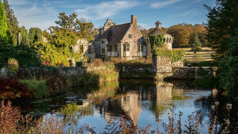 1080P, architecture, waterfront, tree, castle, history, day, garden, lamberhurst, scotney castle, village, building, autumn, built structure, nature, reflection