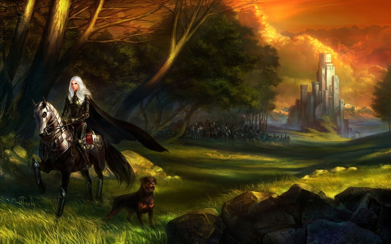 warrior women white hair artwork fantasy art knights dog horse army castle forest trees armor cloaks, 1080P