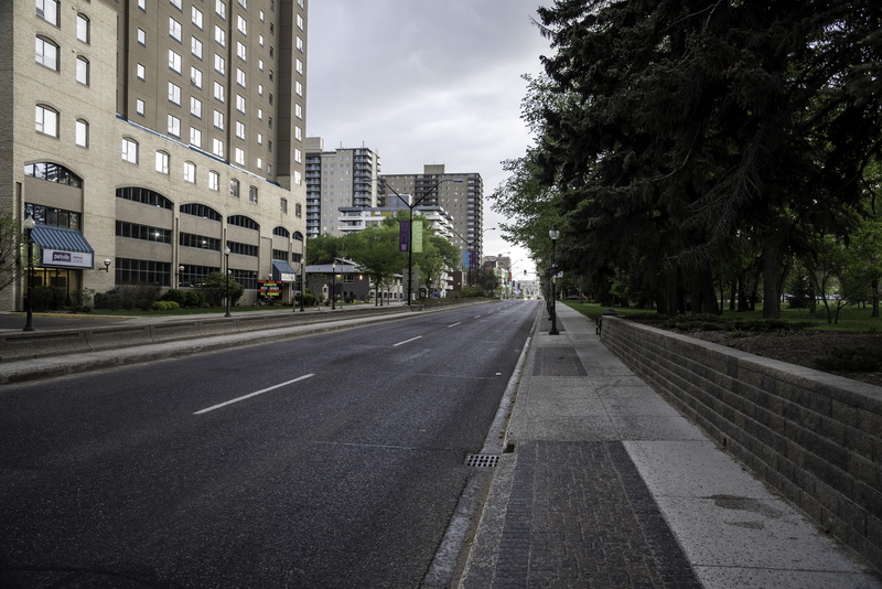 city street, asphalt, sign, Saskatoon, buildings, transportation, building exterior, main, canada, office building exterior, urban, plant, tree, no people