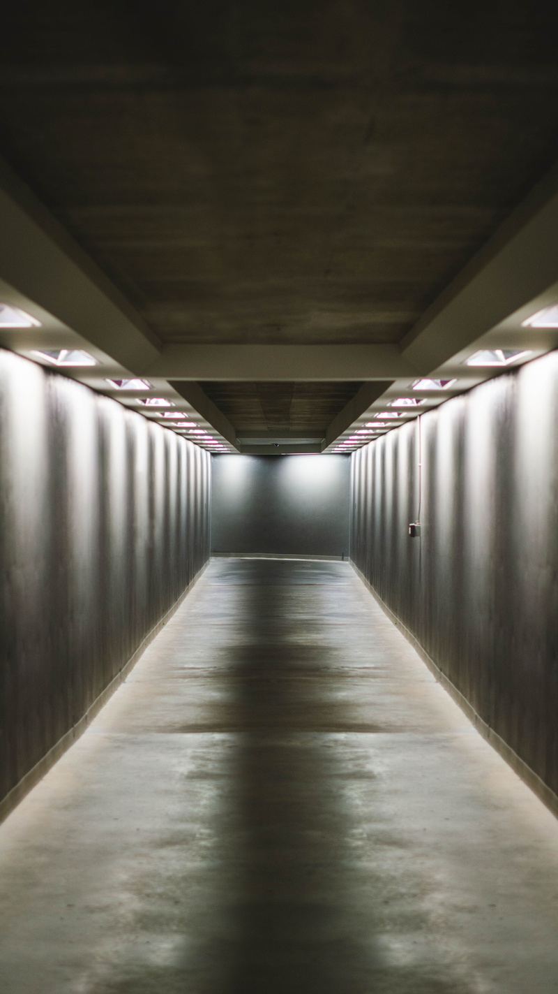 vanishing point, no people, ceiling, path, grass, empty, public transportation, light at the end of the tunnel, electric light, illuminated, concrete, 5K