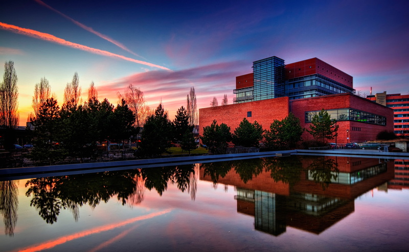 nature, building, dusk, sky, sunset, storey, reflection, 4K, tranquility, plant, lake, cloud - sky, beauty in nature, water, no people, building exterior