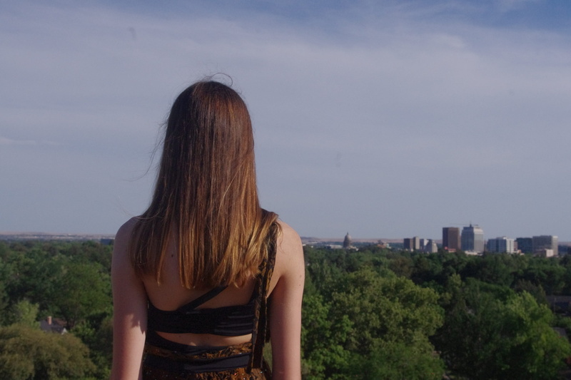 landscape, built structure, cityscape, field, woman, young adult, architecture, rear view, brown top, blond hair, grey, brunette, women, city, looking at view