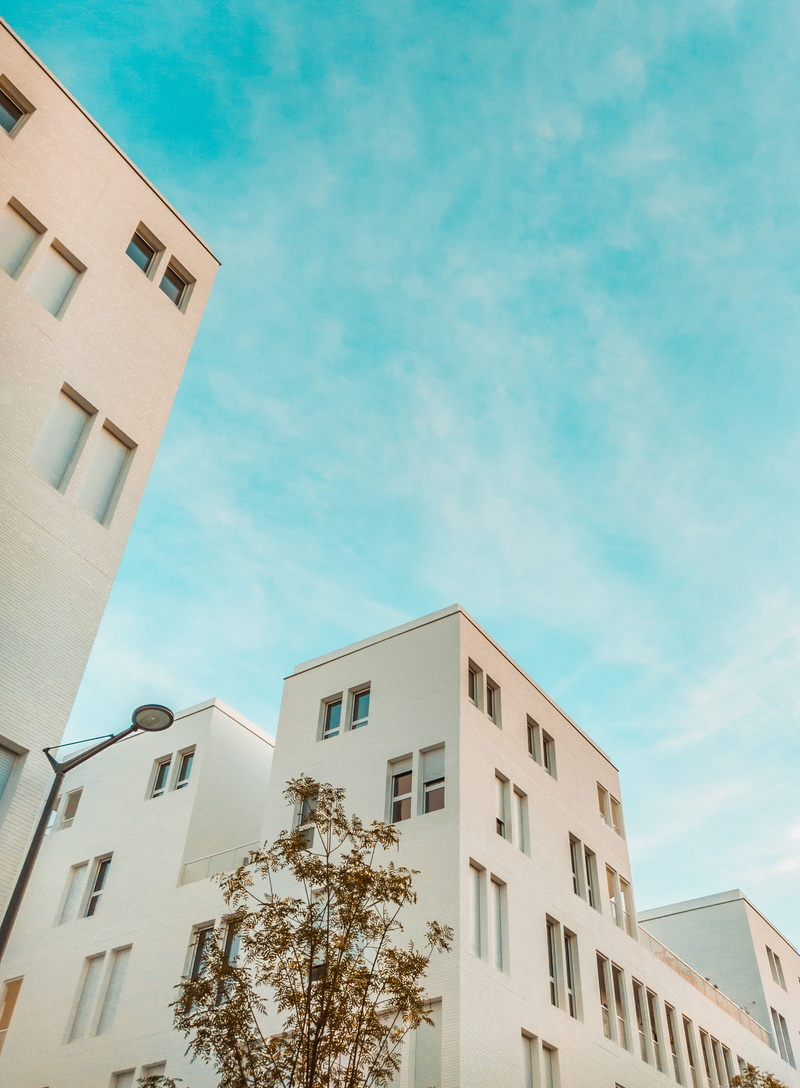 transportation, sky, residential district, urban, 4K, blue, wormview, vehicle, building exterior, sunlight, city, high rise, architecture, built structure
