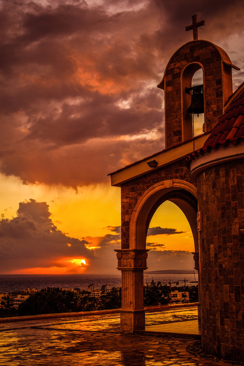 built structure, building exterior, sunlight, water, architecture, chapel, 5K, belfry, gray, light, orange color, outdoors, brick, nature, ayia napa, history