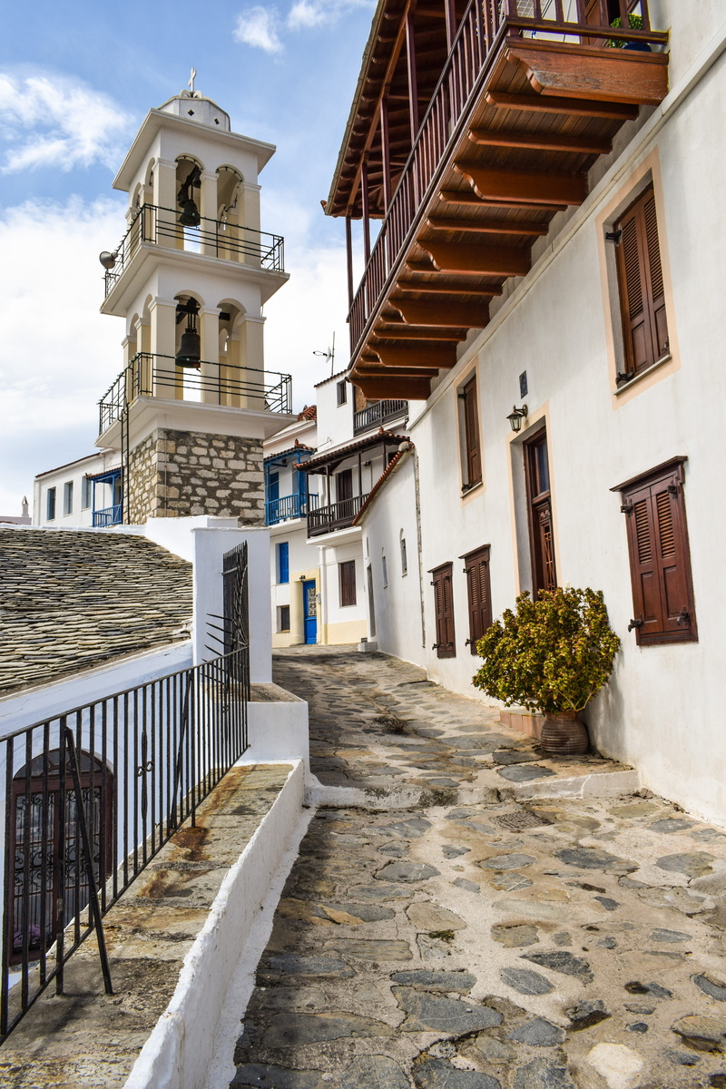day, sporades, no people, church, houses, nature, traditional, street, religion, built structure, island, residential district, building, staircase, 5K