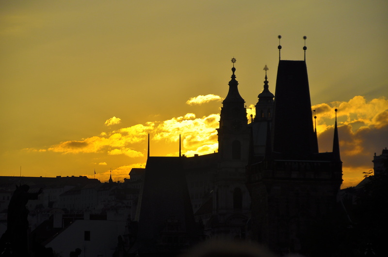 travel destinations, silhouette, building exterior, sunset, spirituality, red, night view, travel, city, 4K, outdoors, prague castle, bridge, sky, europe
