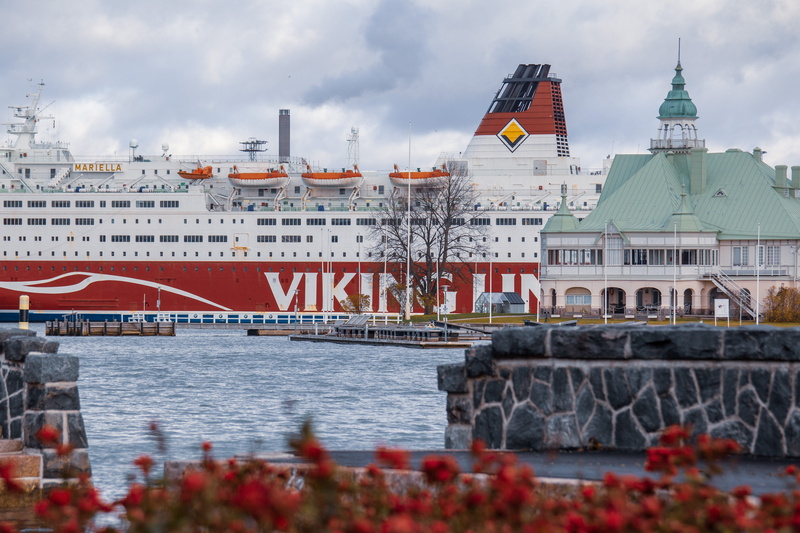 building exterior, red, boat, bridge - man made structure, cloud - sky, vehicle, ocean deep, building, finland, sea, travel destinations, viking line, river side