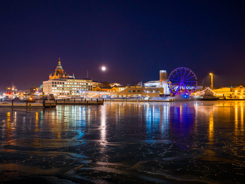 river, port, illuminated, outdoors, no people, transportation, building, reflection, pier, cityscape, architecture, sky, ice, helsinki, full moon, harbor