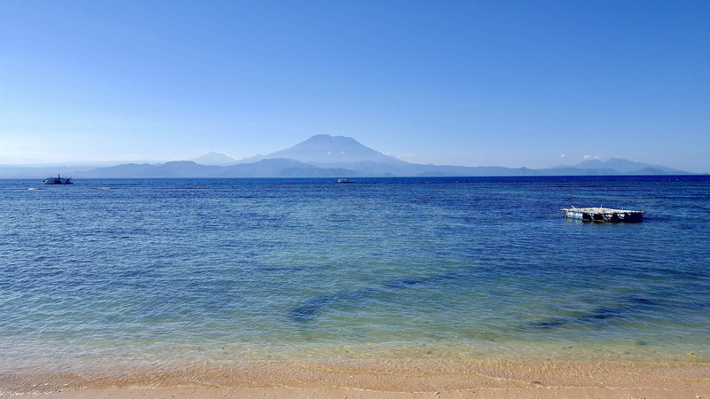copy space, sea, tranquil scene, fair weather, ocean, beach, water, volcano, nusa lembongan, blue, sun, tropical, summer, scenics - nature, sand, beauty in nature