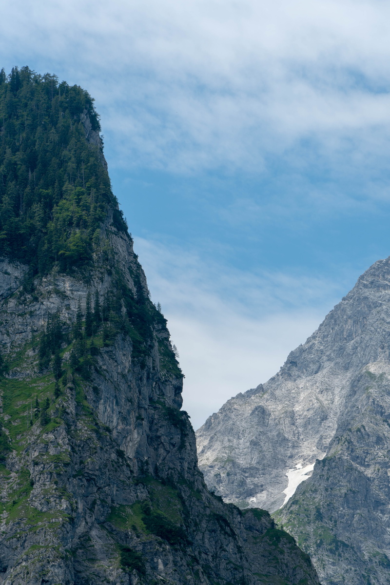 non-urban scene, cliff, rock, solid, no people, scenery, peak, trees, gray, formation, tranquility, mountain, beauty in nature, schönau am königssee, snow