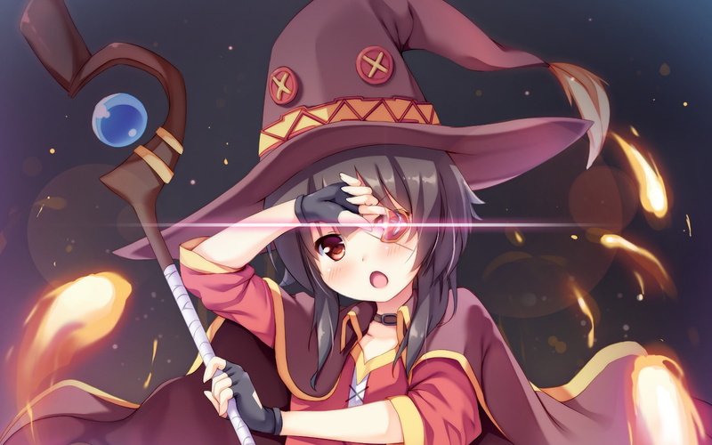 Staff, Blush, KonoSuba, 1080P, Black Hair, Girl, Anime, KonoSuba – God’s blessing on this wonderful world!!, Megumin (KonoSuba), Witch Hat