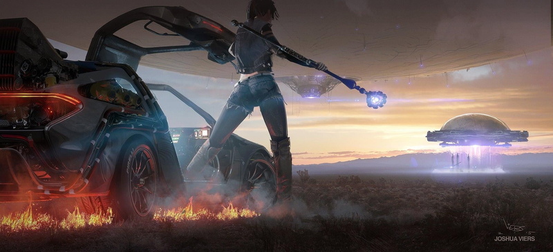 land, field, space art, full length, sky, adult, car, aliens, occupation, real people, 1080P, land vehicle, staff, transportation, grass, helmet, mode of transportation