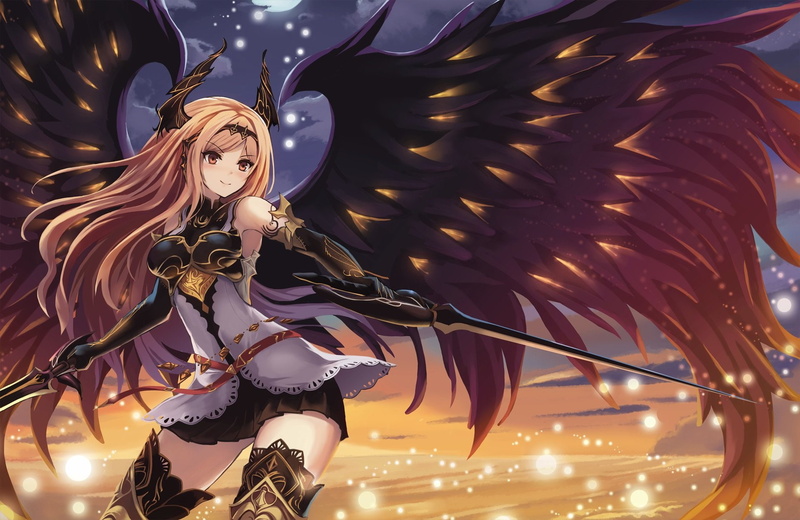 headdress, weapon, gloves, moon, eruthika, horns, hair, sword, dark, shingeki, wings, bahamut, sunset, thighhighs, blonde, skirt, elbow, armor, 1080P